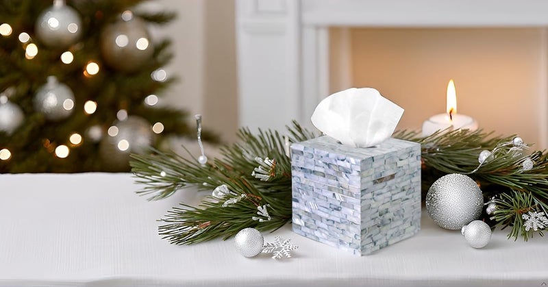 PEMAR Handcrafted Wooden Tissue Box Cover for Small Cube Tissue Boxes Only (Max Inner Size 4.7”) – Mother of Pearl Inlay Decorative Tissue Holder for Bathroom, Living Room & Office (Blue) - Image 2